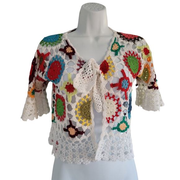 Crafty VTG Style Crochet Granny Flowers Crop Cardigan SM Multi Festival - Picture 11 of 16